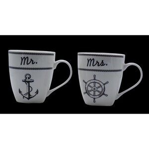 Pfaltzgraff Set-2 Mr. & Mrs. Anchor & Wheel Nautical Theme Large Coffee Mugs
